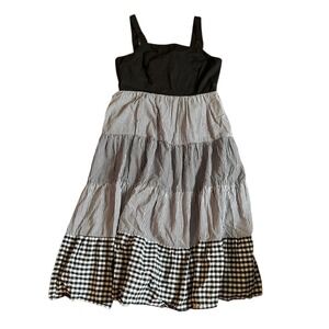 English Factory Dress SZ L– Black & White Gingham Striped Tiered Midi w/ Pockets